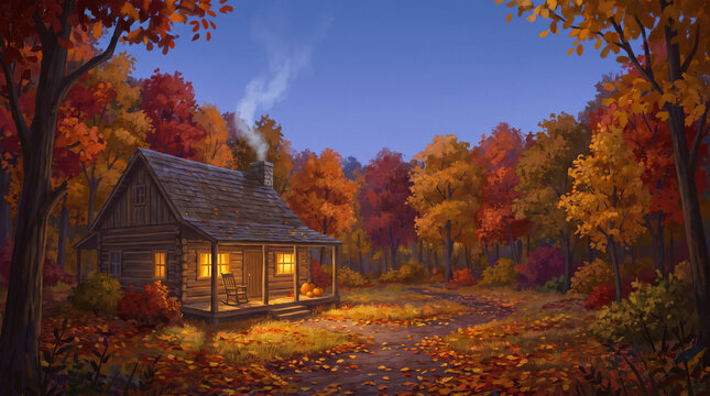 Cozy wooden log cabin in a vibrant autumn forest at twilight, warm glowing windows, pumpkins on the porch, peaceful fall digital illustration.