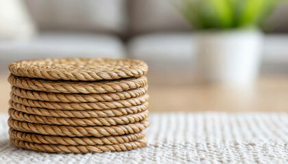 Obraz premium Rope coaster, woven mat, natural fiber, beige, home decor on soft rug
