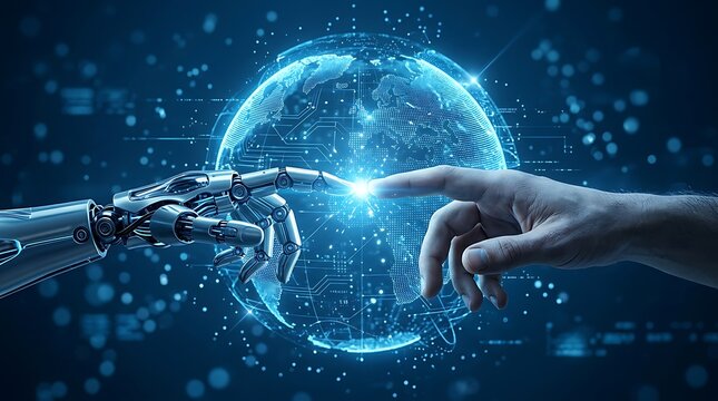 Human hand touching digital globe with robotic claw in futuristic space