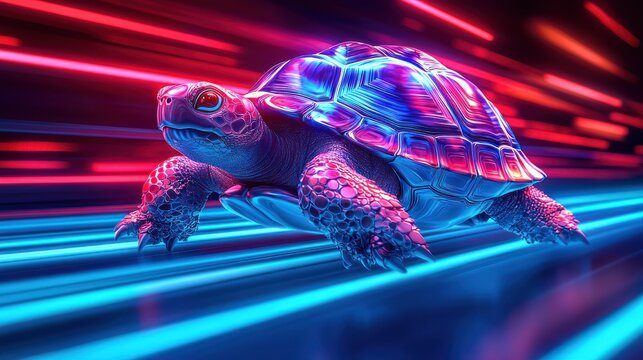 A vibrant futuristic turtle glides through a glowing tunnel of speed, bathed in neon hues