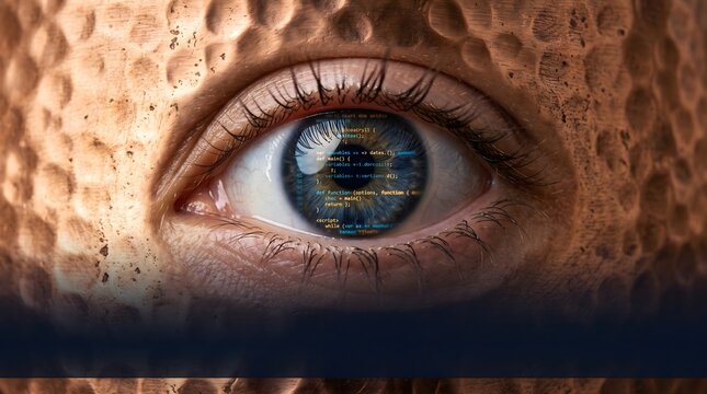 A human eye reflecting cascading lines of code