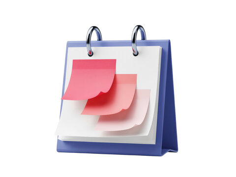 Blue desk calendar with pink sticky notes on a stand