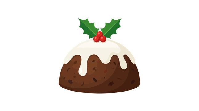Traditional Christmas Pudding Illustration with Holly Leaves and Berries