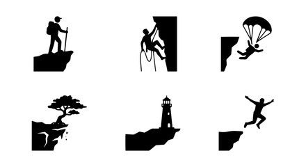 Adventure Icons: Cliffhanger Sports, Hiking, Parachuting, Lighthouse, Silhouette Vector Set © rofiq