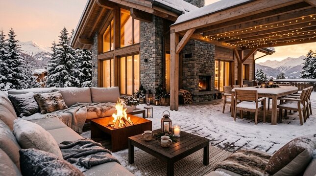 Cozy winter lodge patio with fireplace, snow, and mountain view