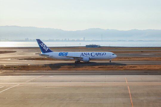 ANA Cargo Aircraft at Fukuoka Airport apron Airline business : Fukuoka, Japan - Mar 12, 2026 