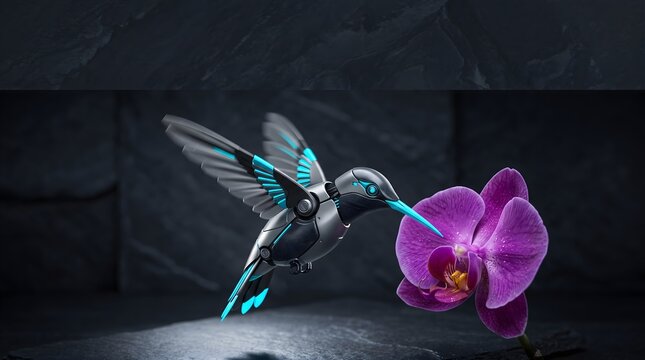 A real flower visited by a hovering robotic hummingbird