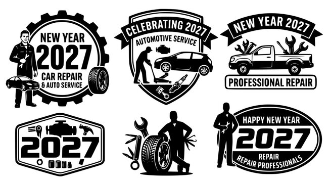 Automotive repair and car service logo badge set for 2027 featuring mechanics and vehicle maintenance equipment for professional auto shops and car care branding and marketing