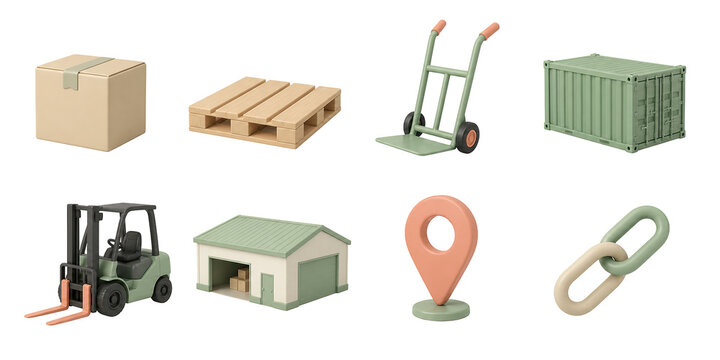 Logistics icons, cardboard box, pallet, hand truck, shipping container, warehouse, and forklift 3D set.