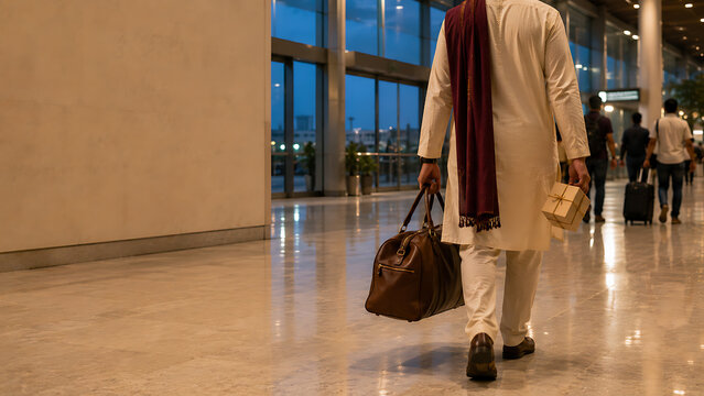 Person walking through airport terminal with luggage during diwali holidays passenger departure terminal suitcase celebration traveling transportation vacation seasonal traditional clothing