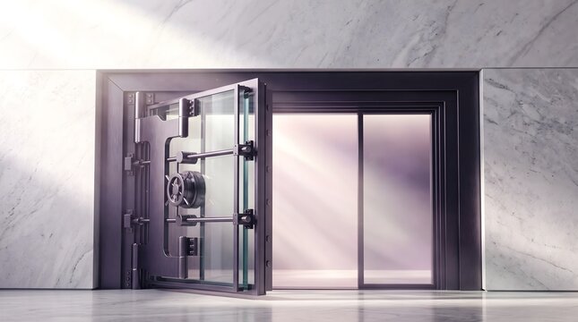 Soft light spilling out as a glass vault door slowly opens