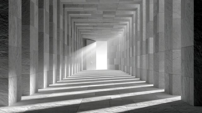 Sunlight streams into a long, modern stone hallway with repeating architectural elements.