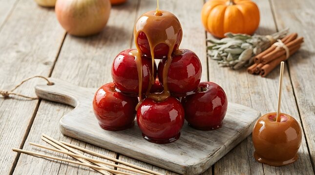 A stack of delicious shiny red candy apples prepared for a festive autumn thanksgiving holiday dessert celebration