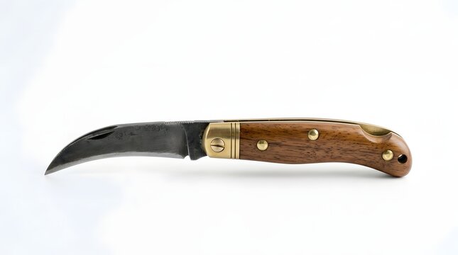 Hawkbill pruning knife with a wooden handle and brass accents