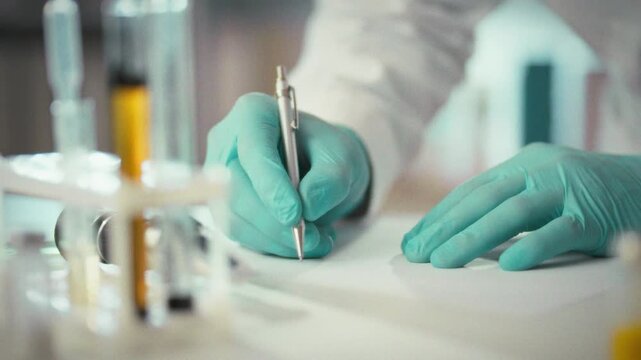 In a sterile laboratory, a researcher in protective clothing and a mask carefully examines multiple substances, then records the observations on a paper form, documenting the experimental results