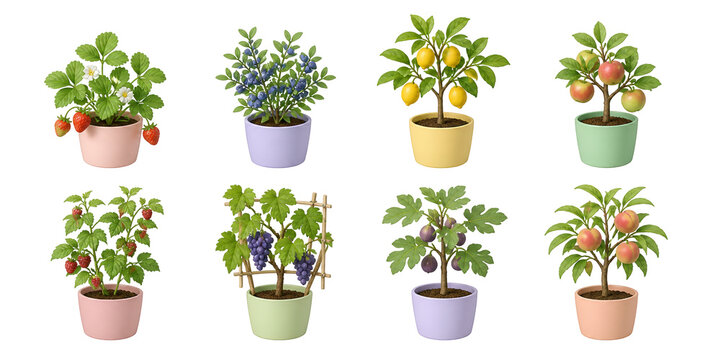 Fruit plant icons, potted citrus, berry, tomato, grape, fig, and peach garden plants 3D set.