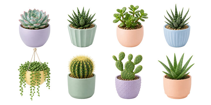 Succulent and cactus icons, potted houseplants, aloe, cactus, hanging plant, and desert plants 3D set.