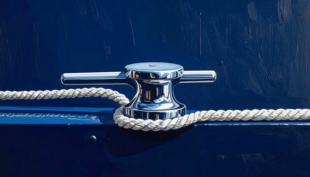 Close up of a polished metal mooring cleat with rope.