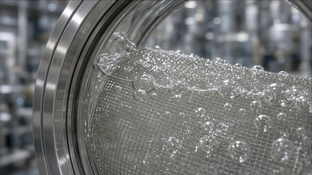 Cinematic clean water technology background stainless drum with metal mesh detail clear bubble texture macro view industrial laundry machine concept modern hygiene purity and mechanical motion with