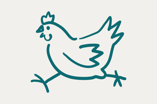 Hand Drawn Running Chicken Vector Illustration, Cute Hen Line Art Clipart