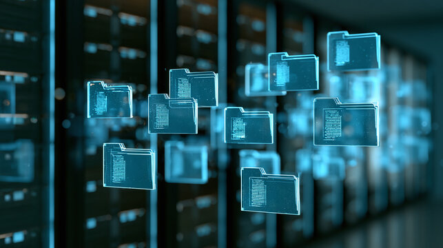 Digital Folder Icons Over Server Racks - Data Storage and Organization