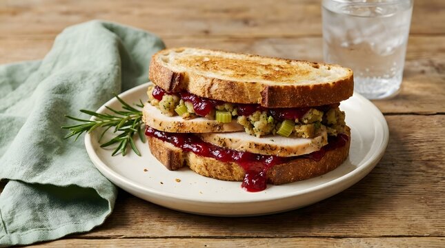 Delicious leftover turkey sandwich with cranberry sauce and stuffing served on a rustic plate for thanksgiving dinner