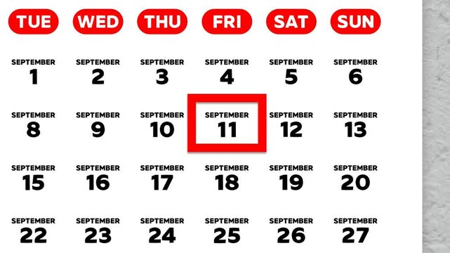 Red cursor highlighting September 11th on a 2026 wall calendar page