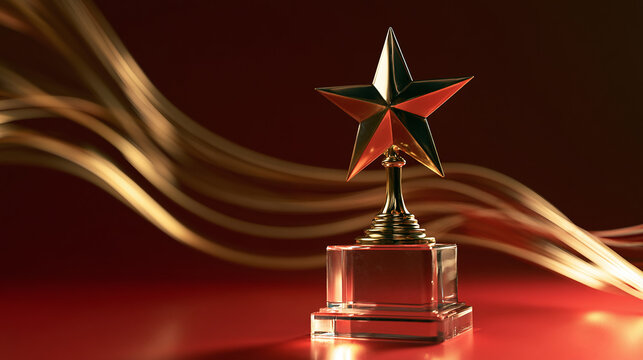 Shiny Star Award Trophy on Red Background with Golden Light Trails