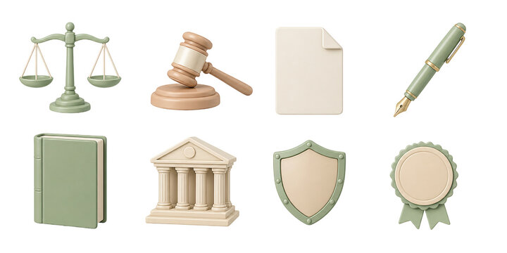 Legal and finance icons, scales, gavel, courthouse, shield, document, pen, and medal 3D icon set.