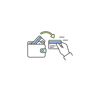 Wallet payment icon, hand inserting card into wallet with arrow