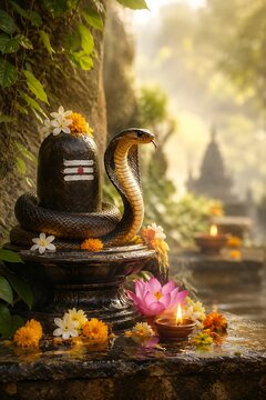 Premium Nag Panchami Greeting Design | Naag Devta Worship | Shravan Festival | Lord Shiva Festival | Indian Hindu Religious Banner with Copy Space
