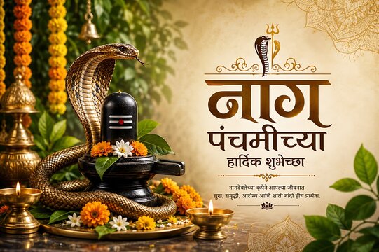 Premium Nag Panchami Greeting Design | Naag Devta Worship | Shravan Festival | Lord Shiva Festival | Indian Hindu Religious Banner with Copy Space