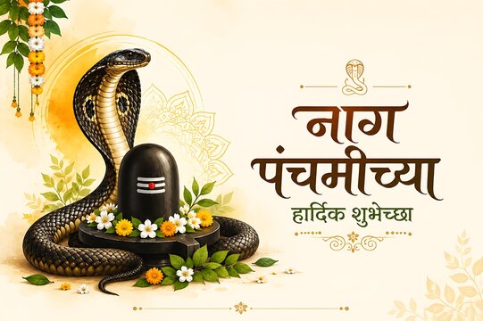 Nag Panchami spiritual festival honoring Lord Shiva and sacred serpents, divine mythology, temple rituals, Hindu devotion, elegant Indian religious celebration banner
