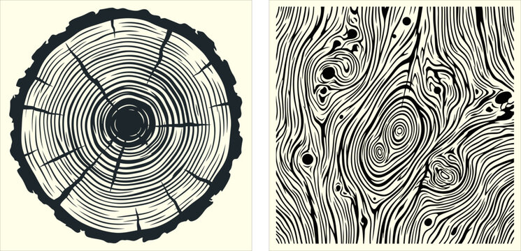 Wood grain texture and tree ring cross section vector illustration set for rustic design and organic background patterns