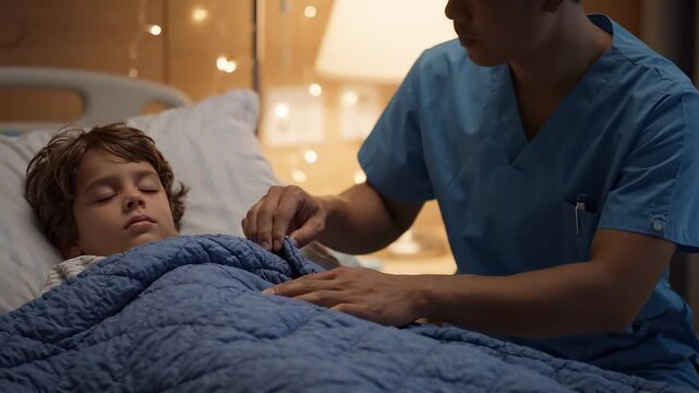 Childhood Cancer Awareness Month: close-up video of a nurse gently tucking a soft blanket around a sleeping child