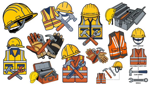 Set of construction safety gear and tools for Labor Day illustration