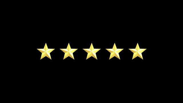 Five star rating review concept animation with glowing stars on black background