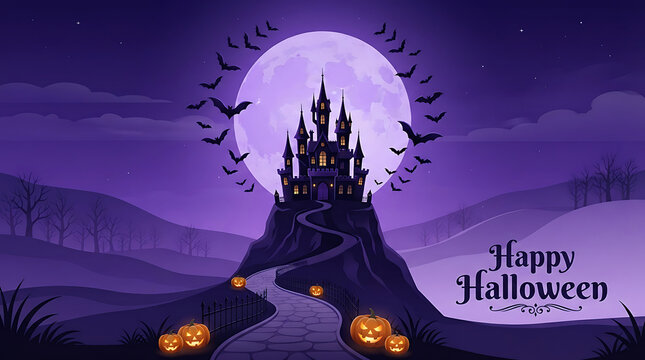 A detailed vector illustration depicts a haunted castle silhouetted against a full moon on halloween night