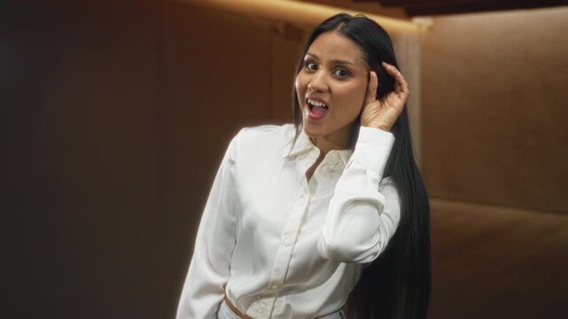 Woman in white shirt tucks hair behind ear with hand to ear and smiles in studio booth; casual joyful energy.