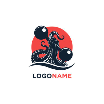 Octopus tentacle lifting barbell gym logo.