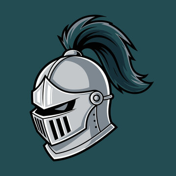 Knight helmet profile with blue feathered plume.