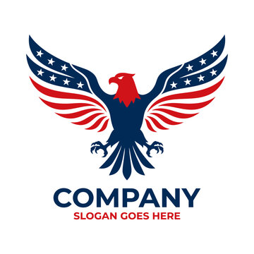 Patriotic eagle logo with American flag wing pattern.
