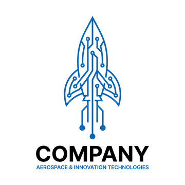 Circuit board rocket ship logo for aerospace innovation.