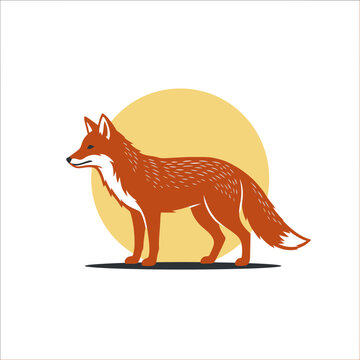 Flat orange fox illustration with yellow sun circle.