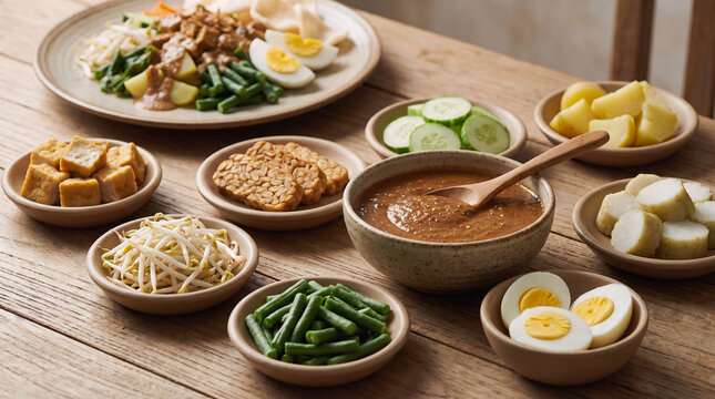 Traditional gado-gado ingredients arranged around a finished serving, highlighting Indonesian vegetables, tofu, tempeh and peanut sauce for culinary storytelling and tourism marketing.