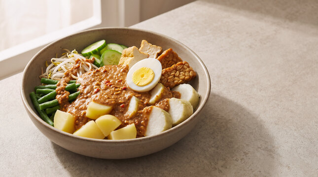 Authentic Indonesian gado-gado with vegetables, tofu, tempeh and peanut sauce, photographed as a clean restaurant-ready meal for menus, food advertising and culinary campaigns.