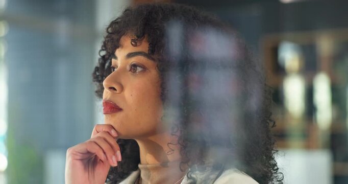 Thinking, businesswoman and smile with idea in office, public relations and planning for assignment. Business, publicist and happy person with decision, remember and contemplating campaign strategy