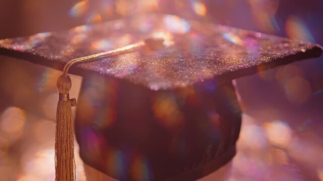 Graduation cap with golden tassel positioned against a blurred background of colorful bokeh lights, highlighting the celebratory atmosphere of academic achievement
