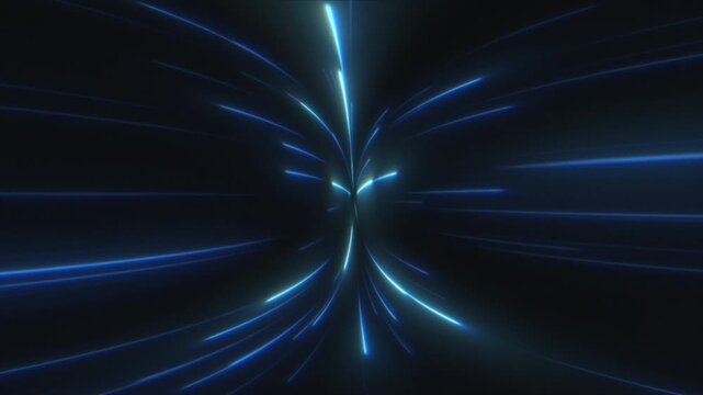 Futuristic blue neon lines zooming in a 3D tunnel. Fast warp speed and hyperspace jump effect for sci-fi motion.