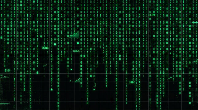 Green binary code background, digital data stream on black screen, matrix style computer programming and cybersecurity concept